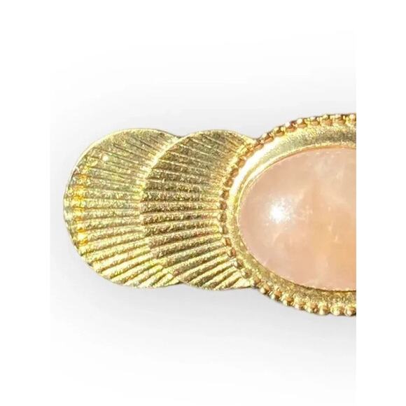 Vintage Rose Quartz Brooch Gold Tone Pink Cabochon Gemstone Shells Pin - Picture 3 of 6